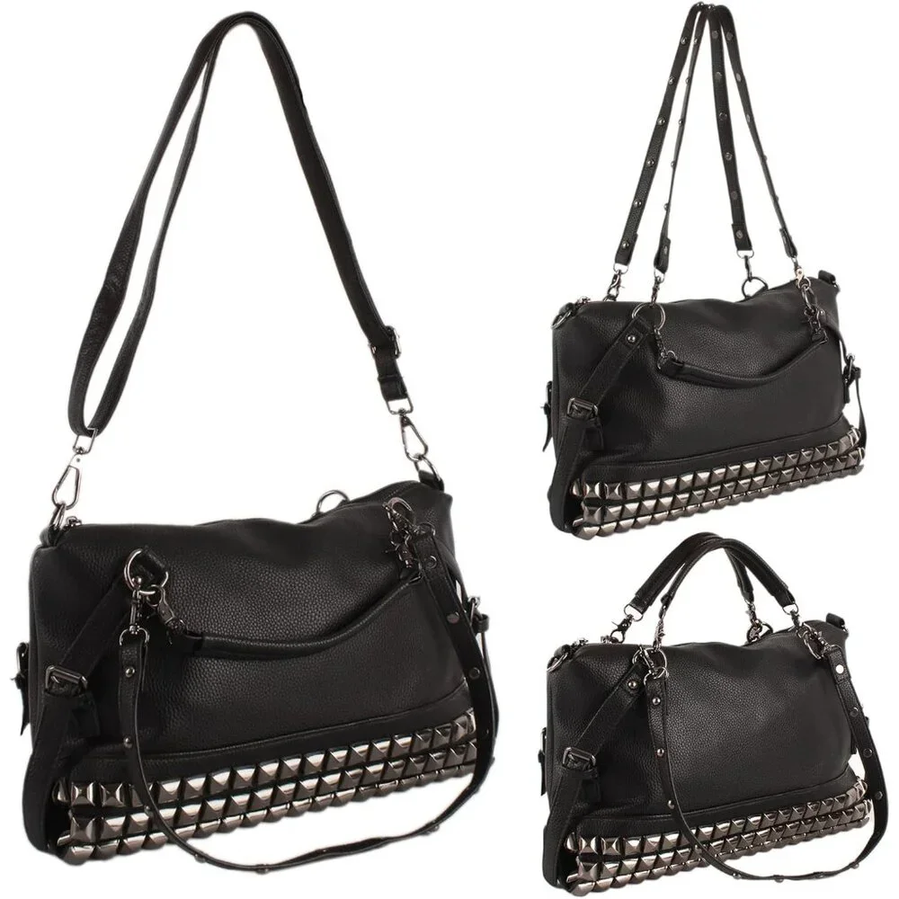 Punk Rivet Hobo Handbag for Women Large Crossbody Faux Leather Black Stylish Ret - Picture 3 of 6
